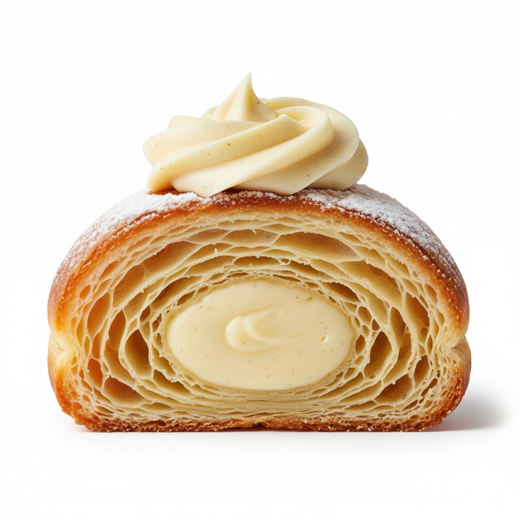 Cross section of a cronut showing honeycomb structure of dough layers and cream filling