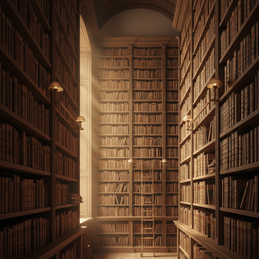 Old library shelves, academic books, warm brown atmosphere, knowledge