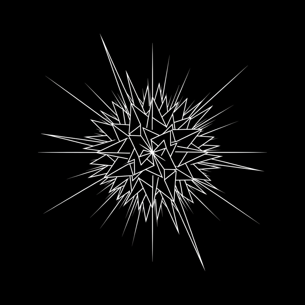 minimalist white line art of sharp geometric shards or starburst sparkles, white on black background, abstract
