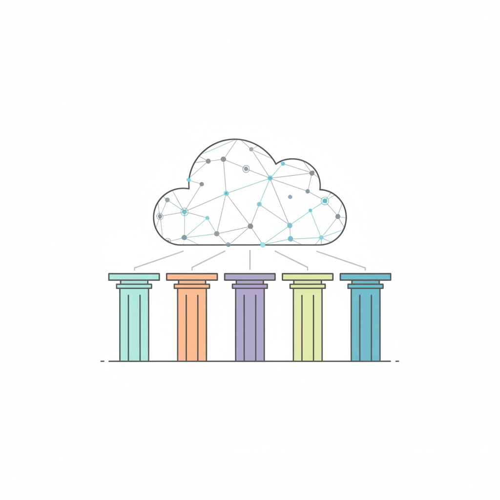 minimalist infographic vector illustration showing five architectural pillars supporting a digital cloud, distinct colors for each pillar, white background, clean lines