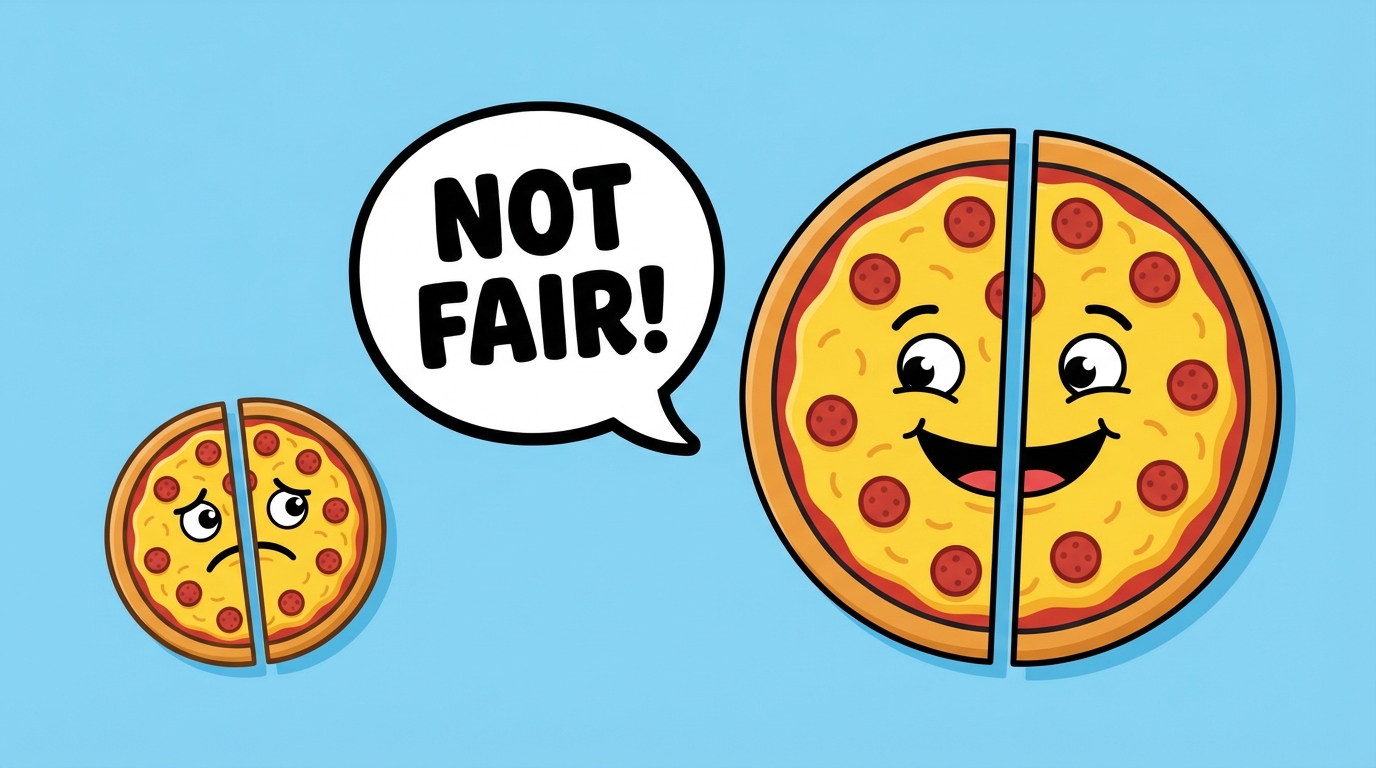 One tiny personal pizza and one giant family pizza, next to each other, both cut in half, cartoon style with funny faces, speech bubble saying 'Not Fair!', vector illustration