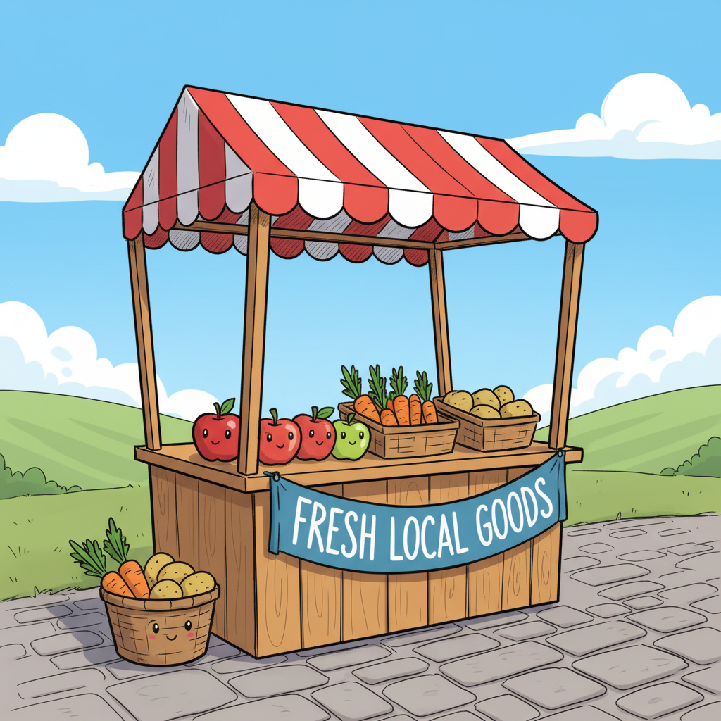cartoon sketch of a small outdoor market booth with a banner