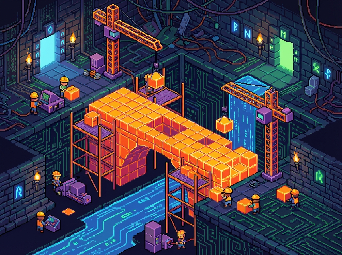 pixel art style isometric view of a bridge being built across a gap in a digital dungeon, bright orange building blocks
