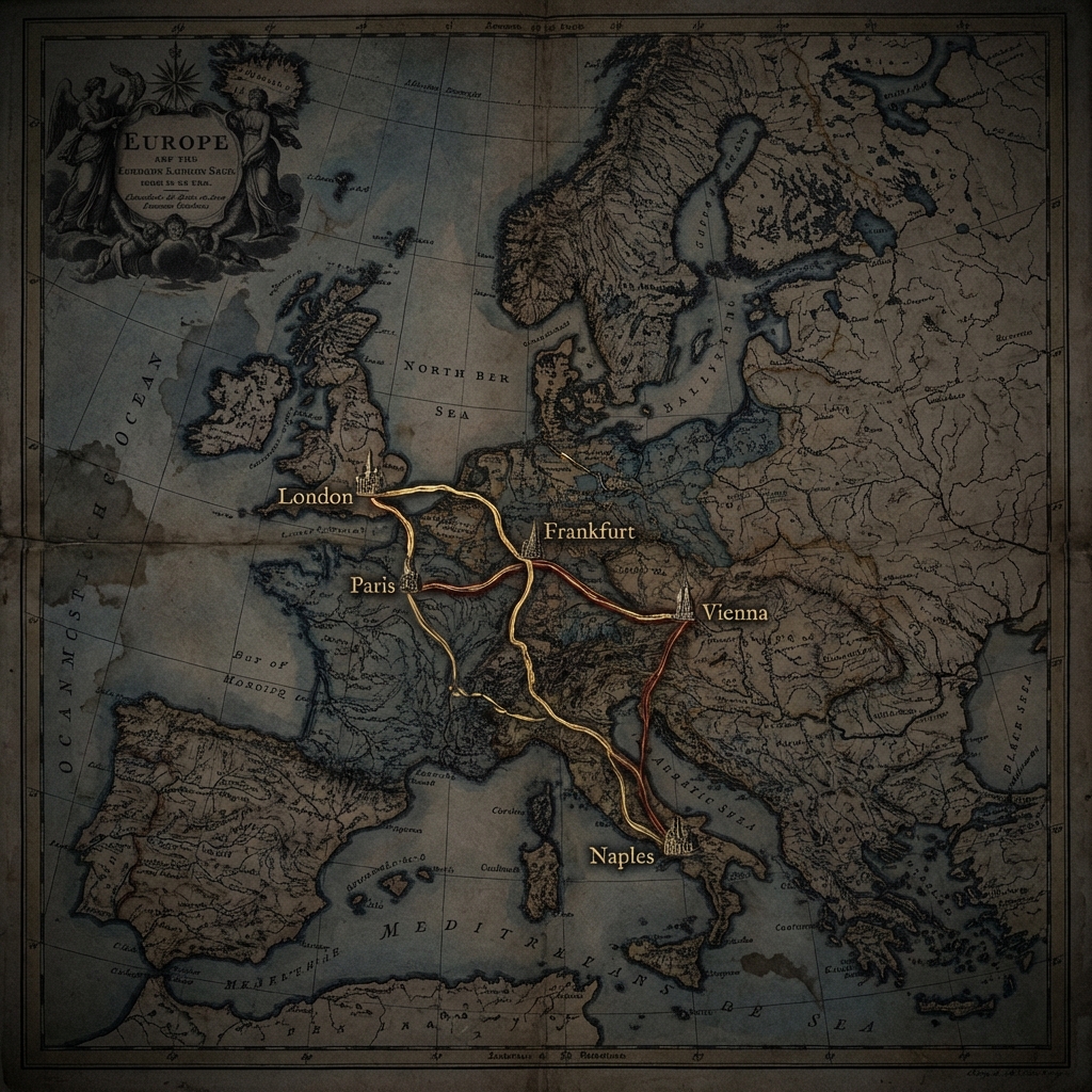 Vintage dark map of Europe 19th century with connections between London, Paris, Vienna, Naples, Frankfurt, cinematic lighting