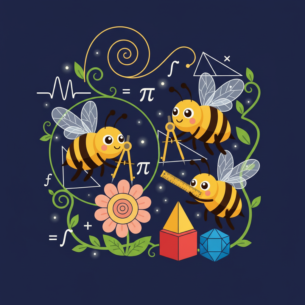 stylized vector art of nature and math combining, bees with geometric ruler or compass metaphor, funny and cute, dark blue background