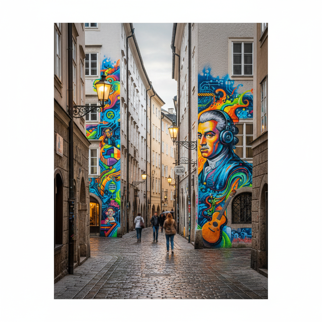 Salzburg Austria historic streets with modern street art overlay, beautiful architecture