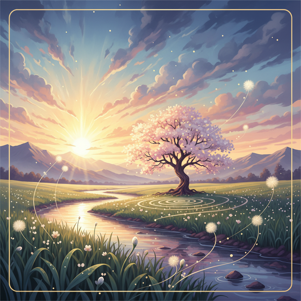 Sunrise over a peaceful landscape, symbolizing new beginnings and hope, artistic style