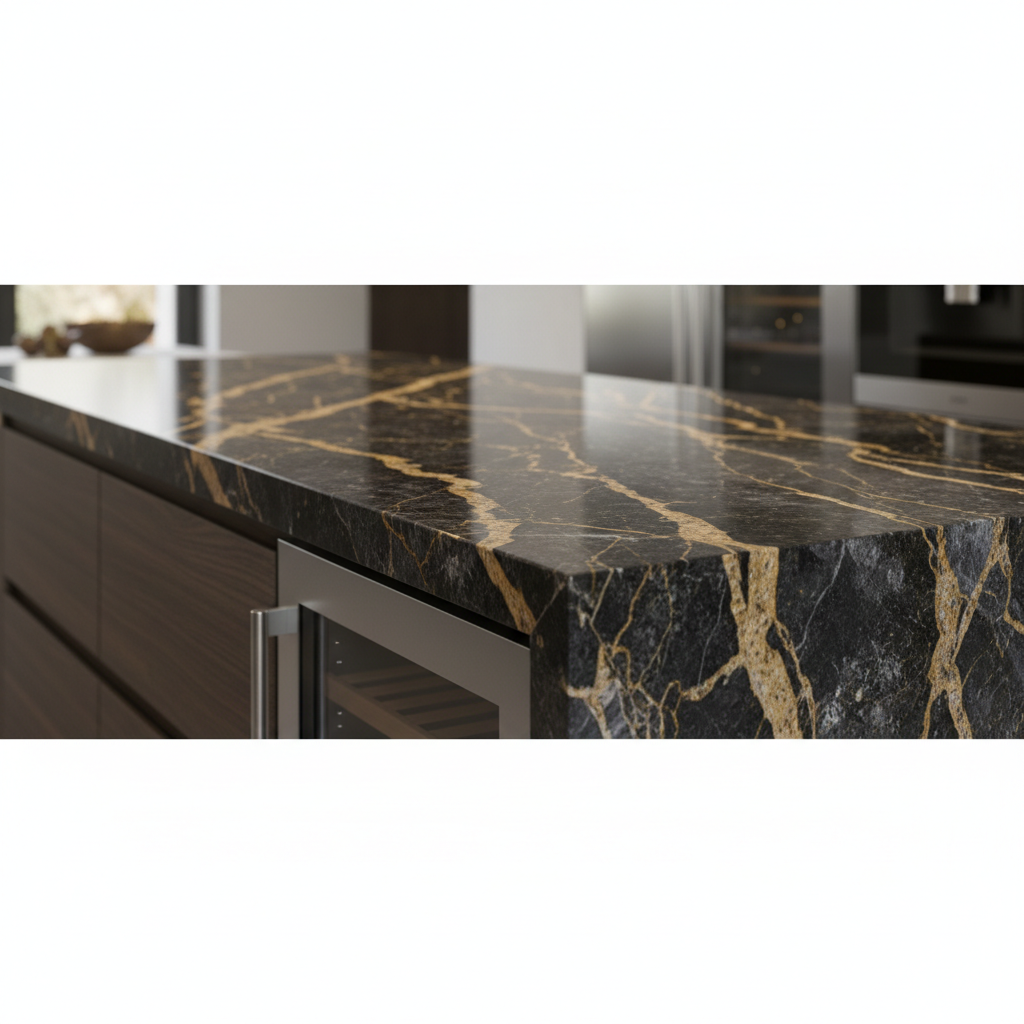 Luxury kitchen island countertop featuring exotic dark granite with gold veins, Naturamia style