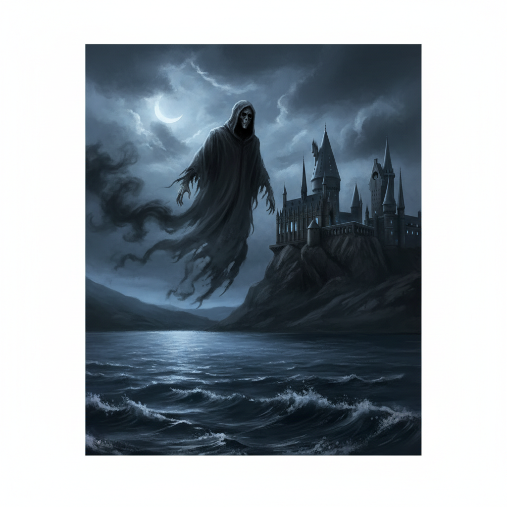 Dementor hovering over Hogwarts lake dark spooky art style