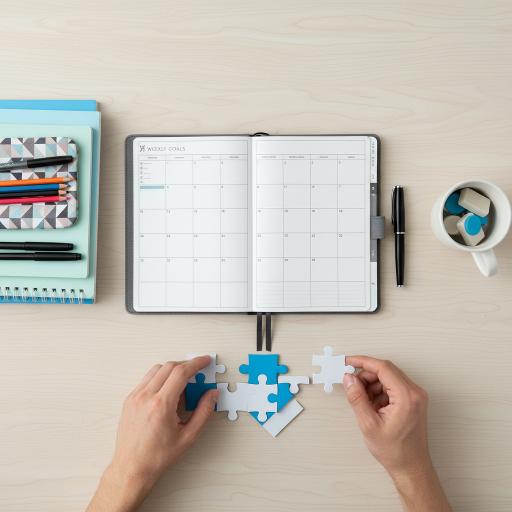 A modern flatlay photography of school supplies, a planner, and puzzle pieces fitting together, implying organization and cooperation