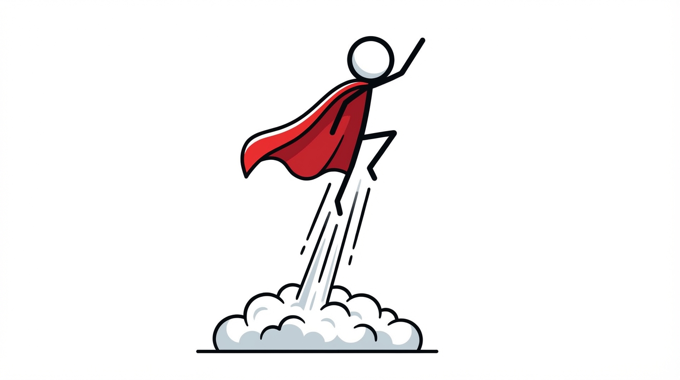 Stick figure with red cape launching vertically into the air with speed lines trailing below feet. Dust cloud at the bottom. White background.