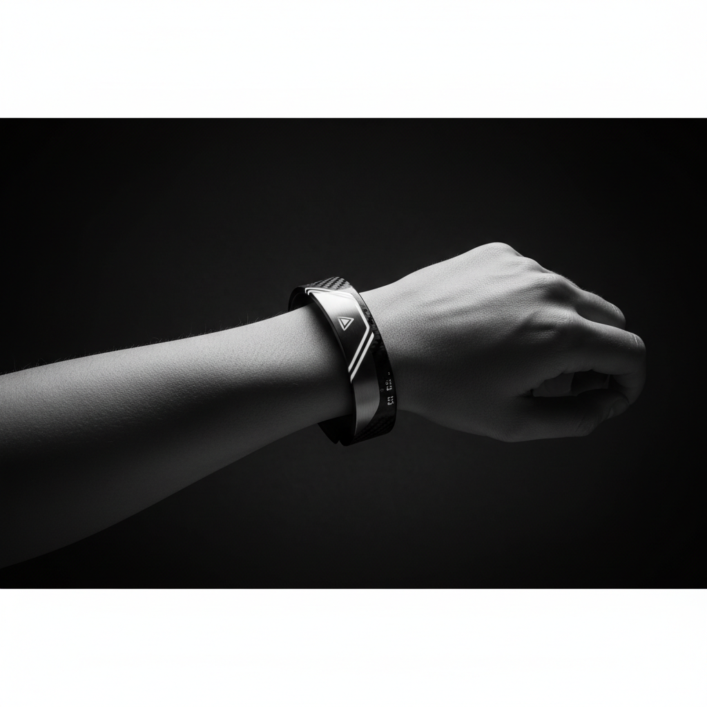Black and white minimalist photography, close up of a sleek technological wristband on a wrist, dark background, cinematic lighting, high contrast, noir style