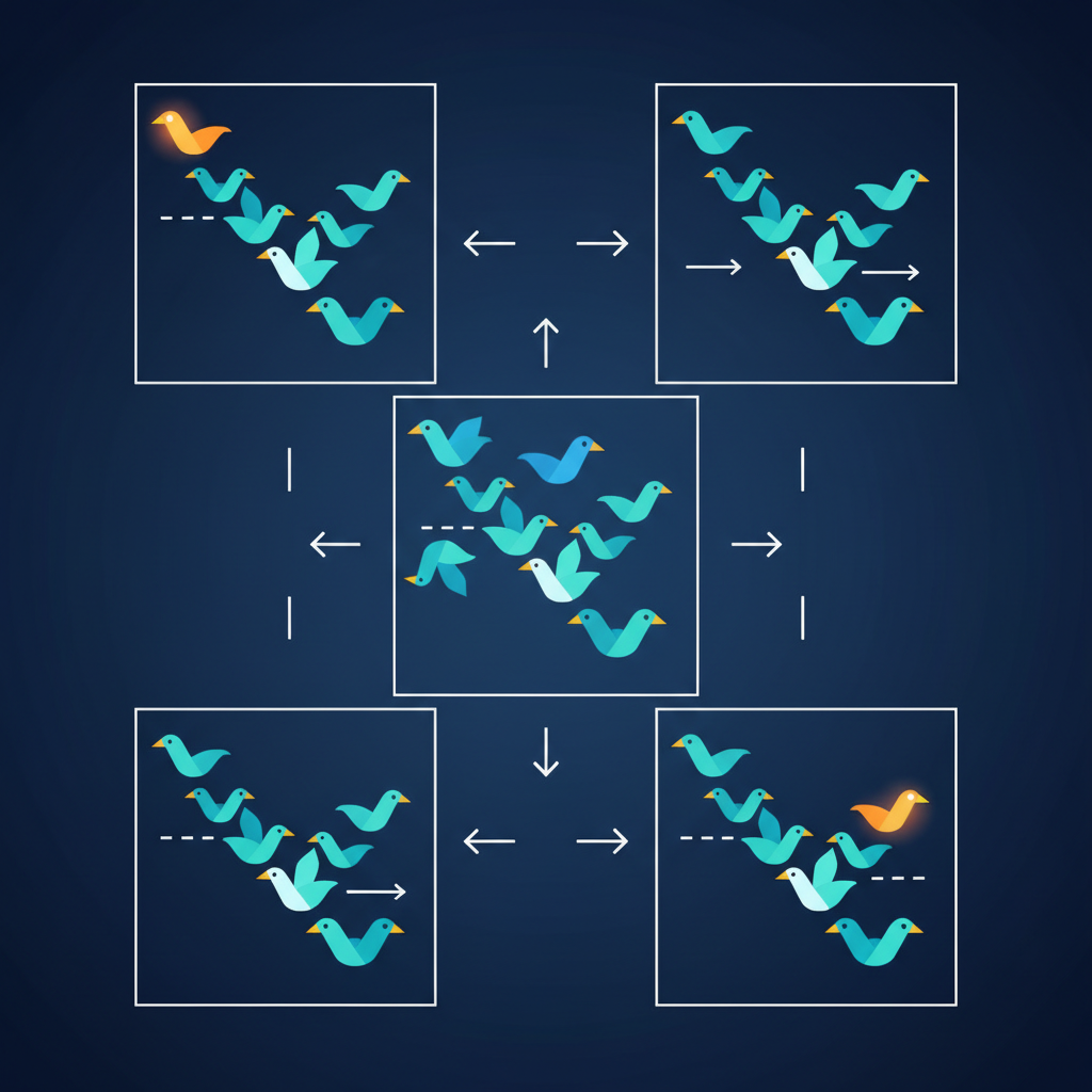 sequence vector illustration of birds switching position in the flock, teamwork concept, dark blue background