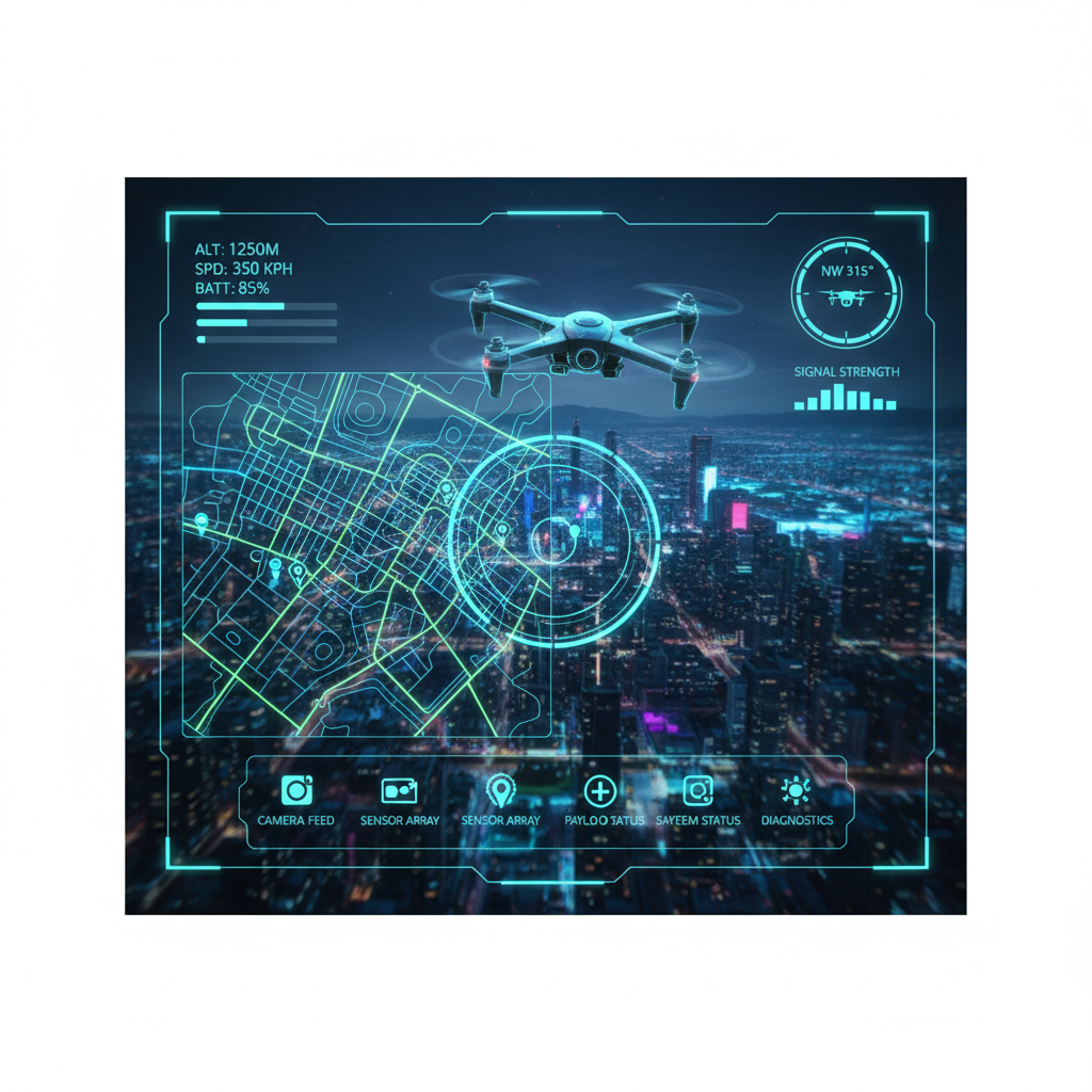 Futuristic drone HUD interface, map overlay, telemetry data, digital aesthetic