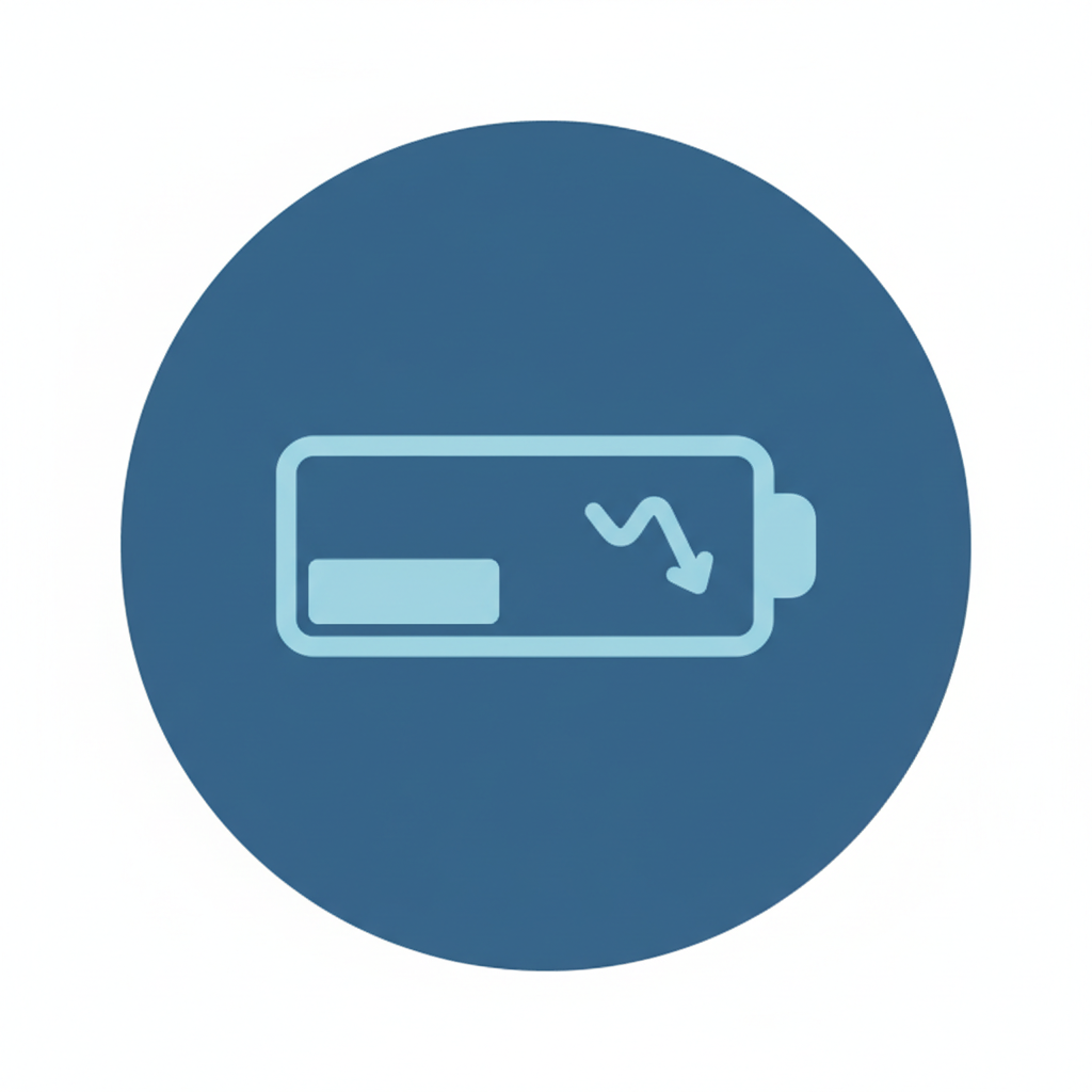 icon of a battery with low charge representing tired, flat vector blue circle