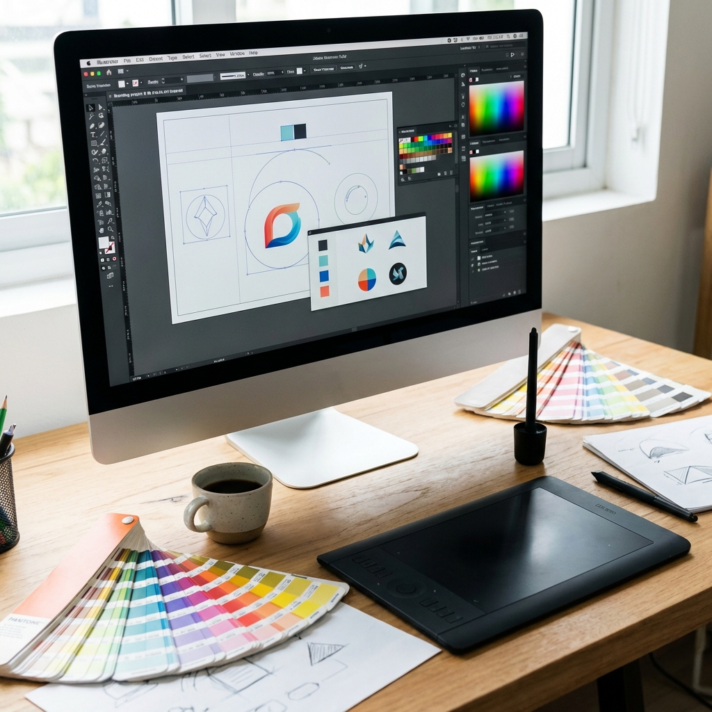 Close up photo of a designer desk, computer screen with graphic software, pantone color swatches spread out, coffee cup, modern workspace
