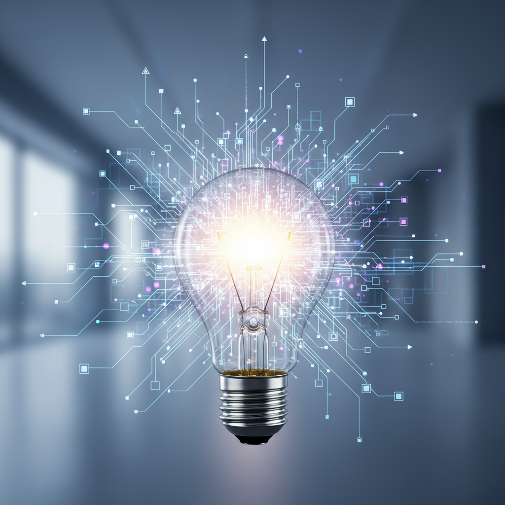 lightbulb glowing with digital connections, symbolizing ideas and innovation, soft professional background