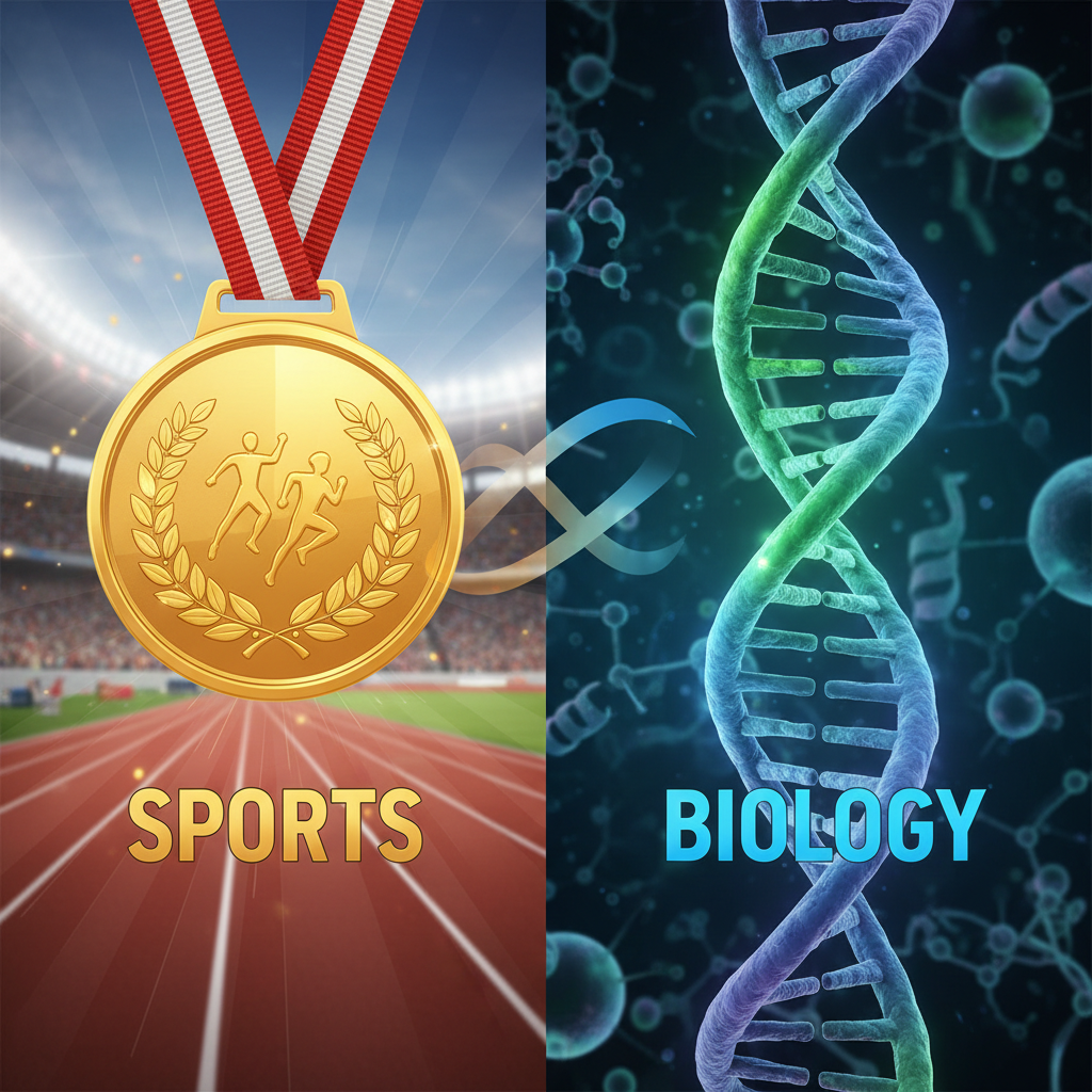 Split image showing a gold medal on one side and a DNA helix on the other, conceptual illustration of biology meeting sports