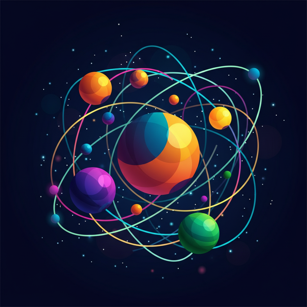 abstract vector art of planets in solar system spinning, stylized orbits, colorful on dark blue background