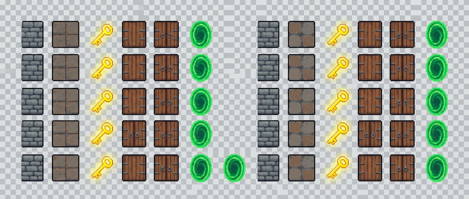 A game sprite sheet showing: A grey wall block, a floor tile, a bright yellow key, a wooden door, and a green exit portal. Grid arrangement, pixel art style.