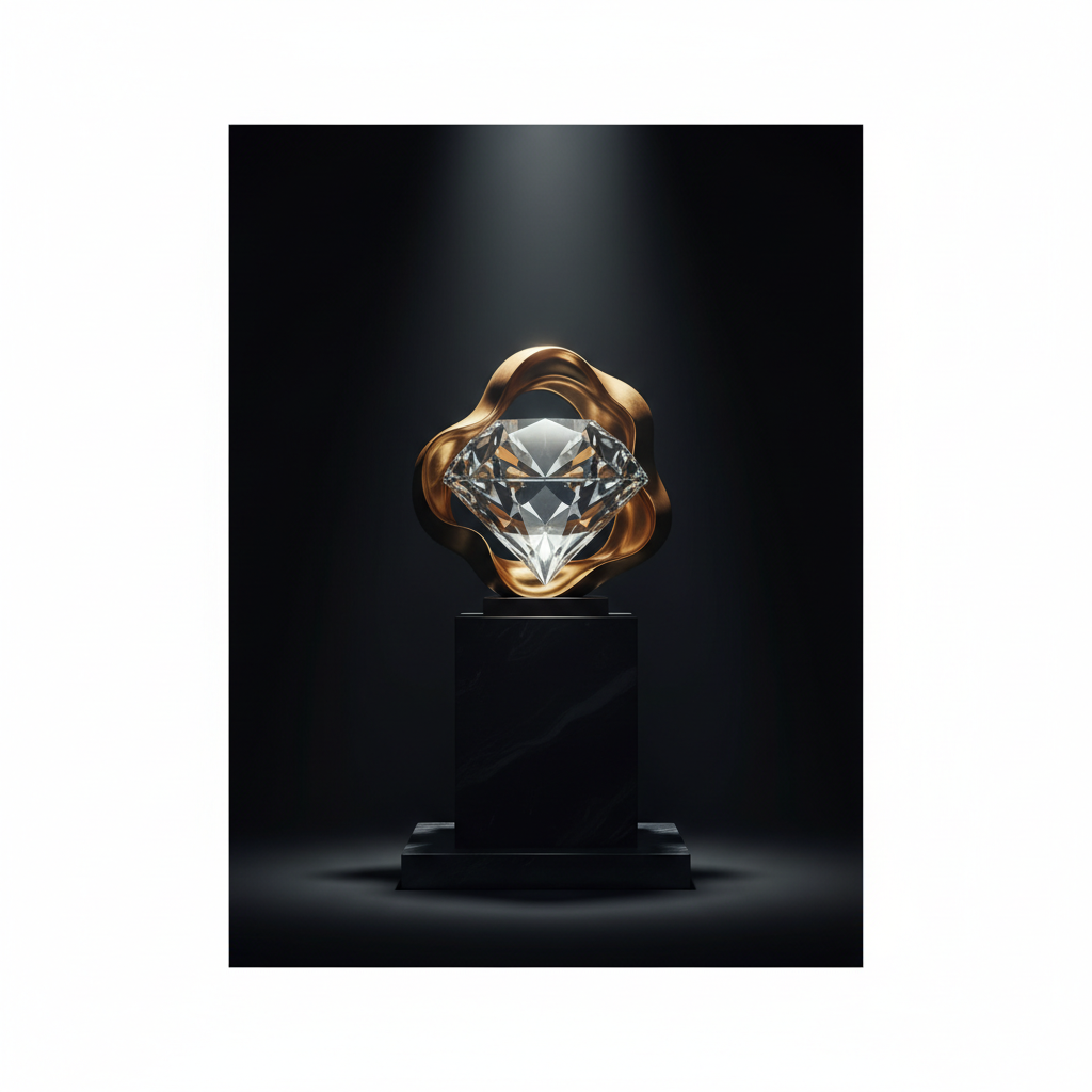 Abstract representation of high value: a polished diamond or gold object on a pedestal with minimal dramatic lighting, calm atmosphere, dark background, photorealistic.