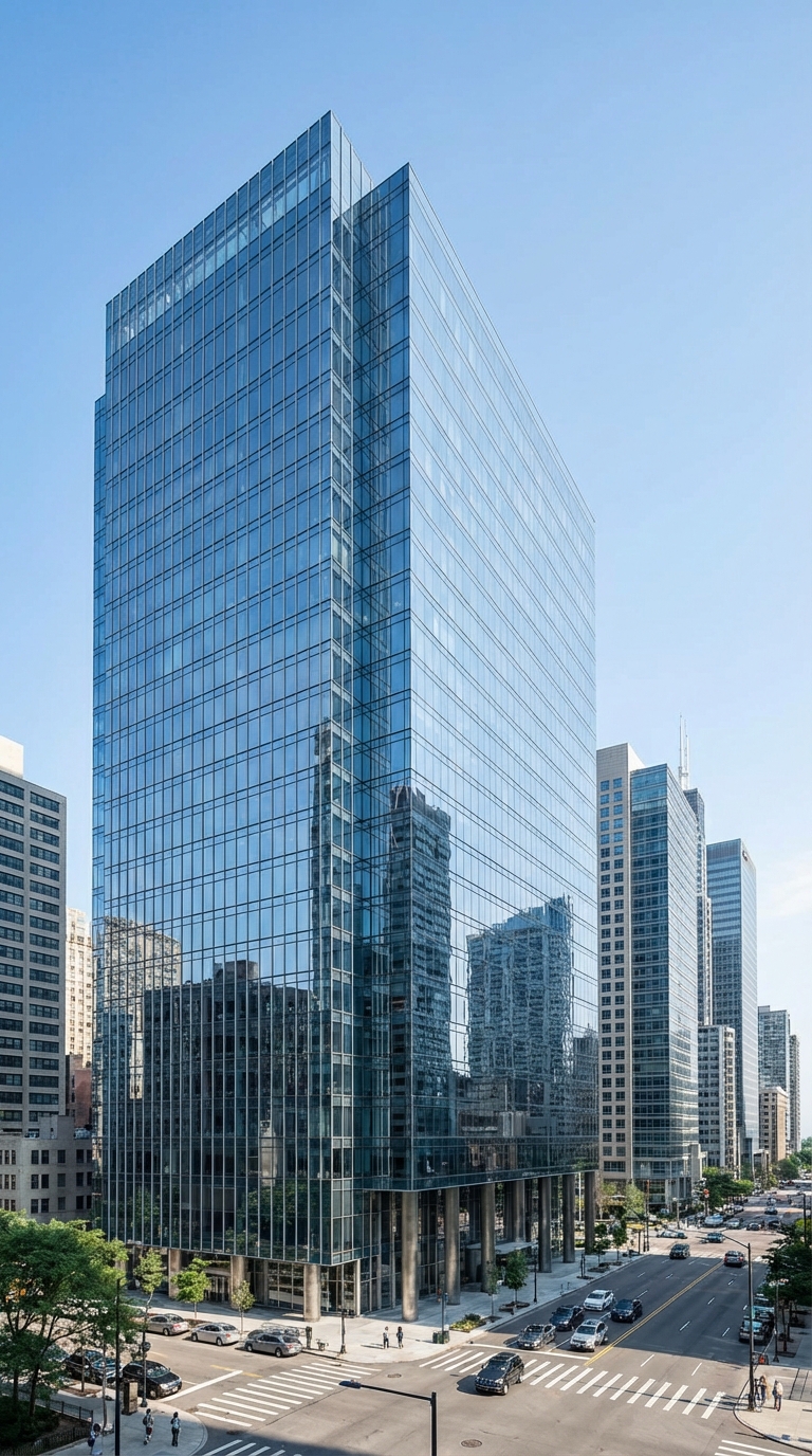 Modern office building exterior with glass facade reflecting urban environment, realistic style