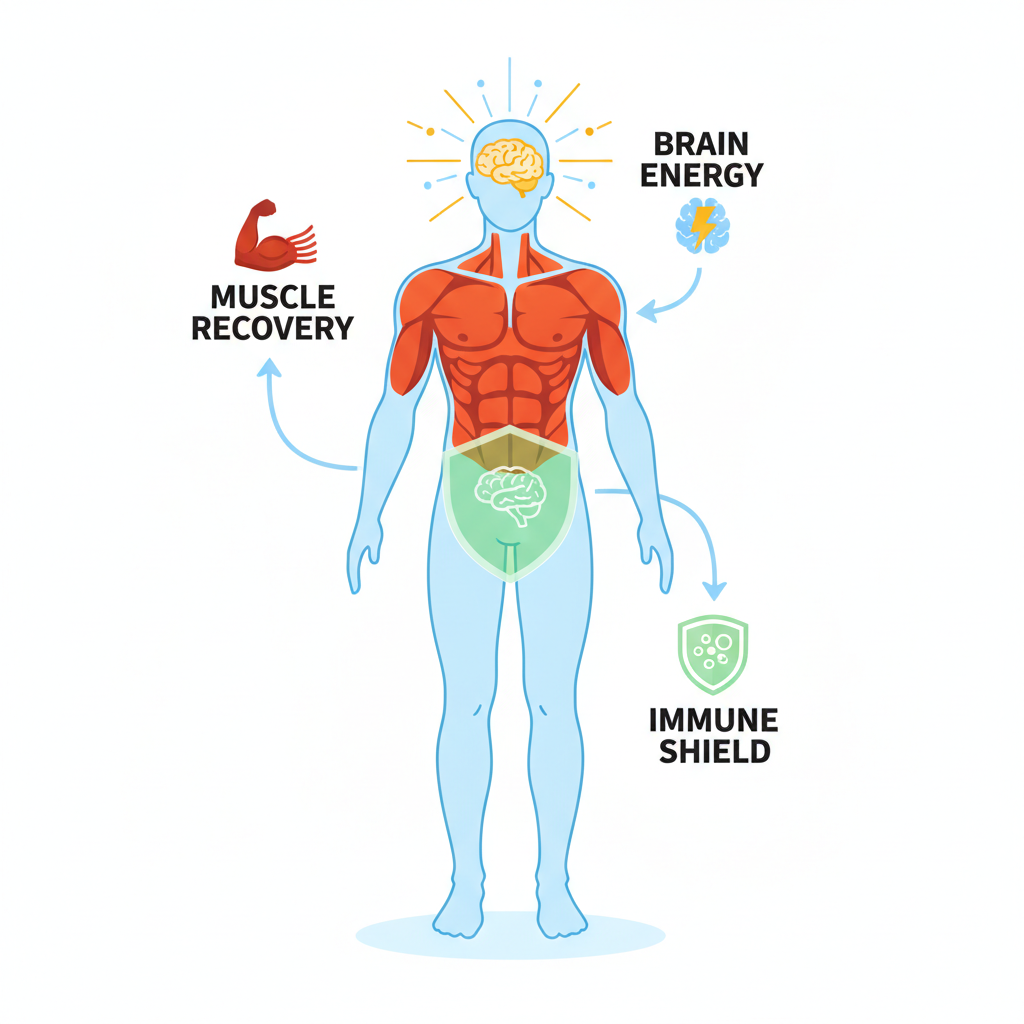 An infographic style illustration of a human body highlighting muscle recovery, brain energy, and immune shield, educational style, white background