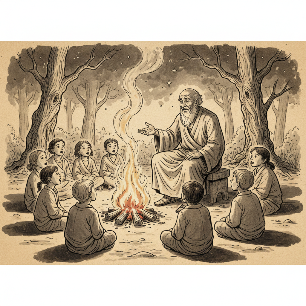 ancient elder storyteller sitting by a fire telling stories to children, ink drawing, parchment texture, atmospheric shadows