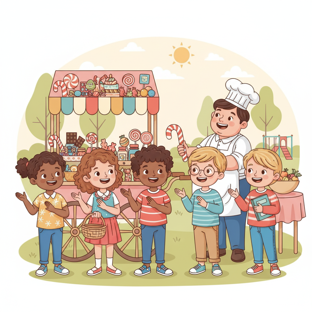 Cute diverse children refusing candy politely with a smile, showing self-control, cartoon illustration, bright colors