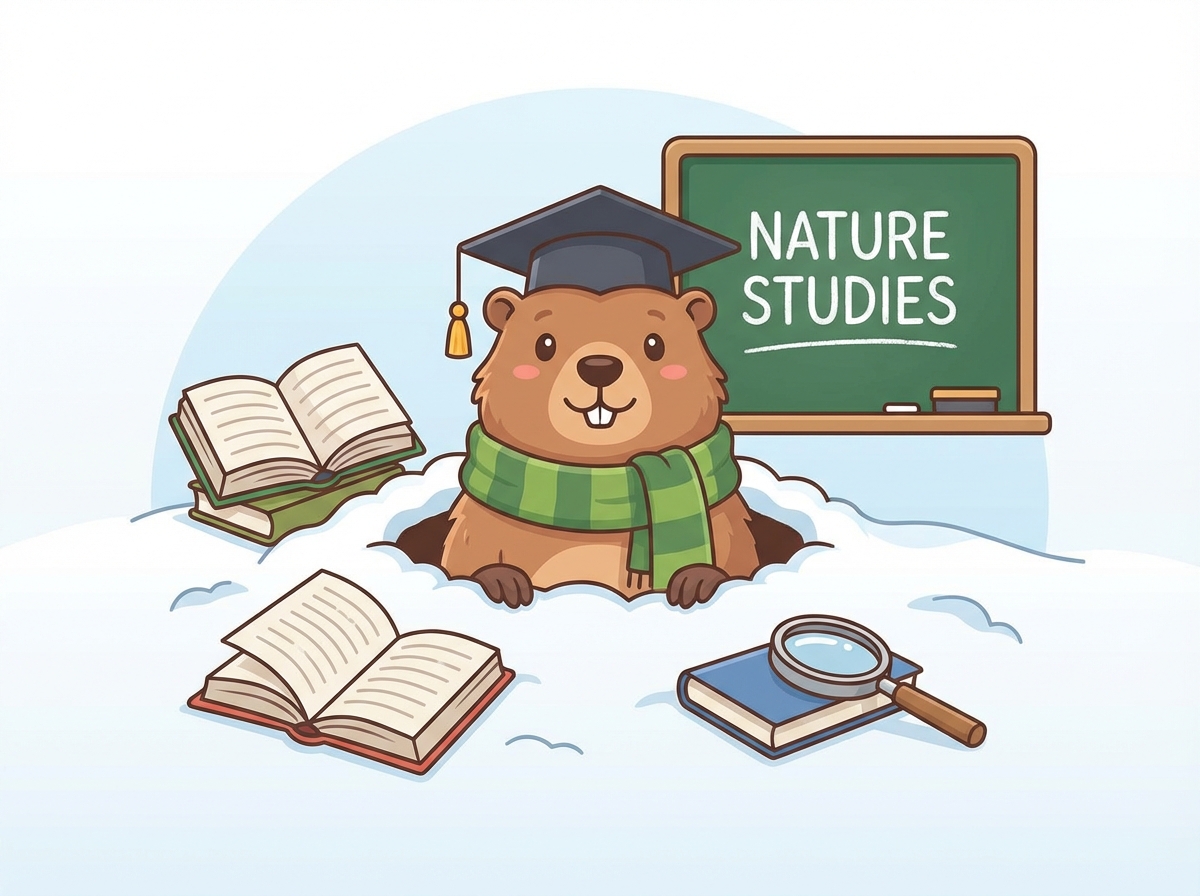 Cute groundhog illustration emerging from hole in snow, vector style, education theme, friendly