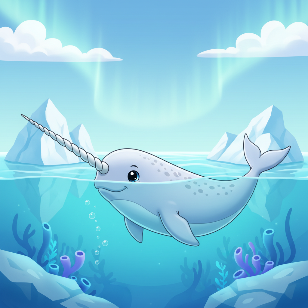 Cute Narwhal swimming in arctic water with a very long tusk, cartoon style