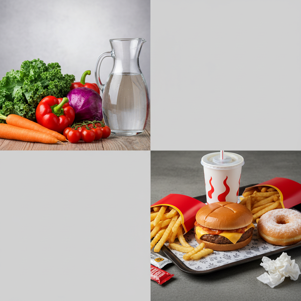 split screen image, left side fresh organic vegetables and water, right side processed fast food, neutral lighting, academic sociology context