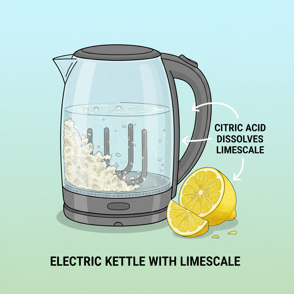 electric kettle with limescale inside and a lemon slice next to it, educational illustration