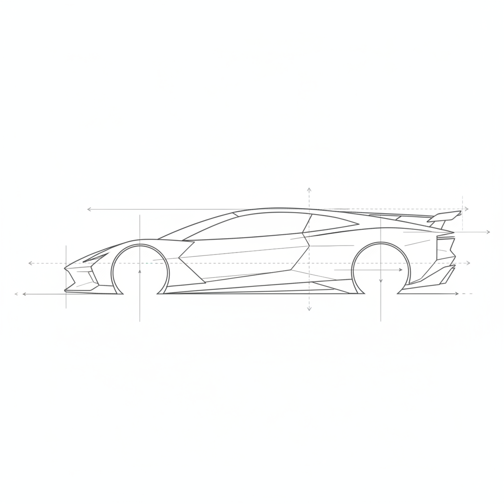 minimalist abstract line art of a futuristic car silhouette, dark grey lines on white background, architectural blueprint style