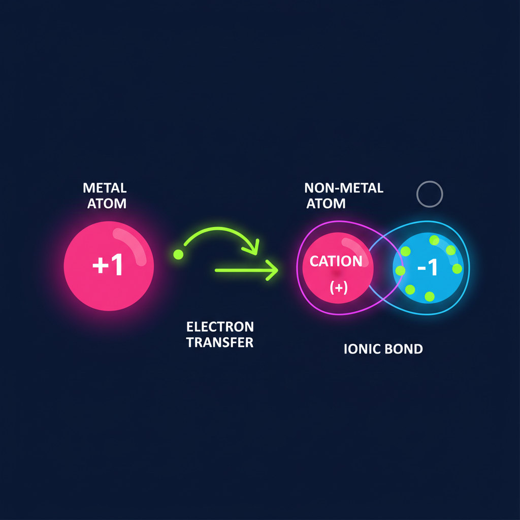 Educational illustration showing ionic bonding, a metal atom giving an electron to a non-metal atom, bright neon colors on dark background, schematic style, chemistry textbook vector style