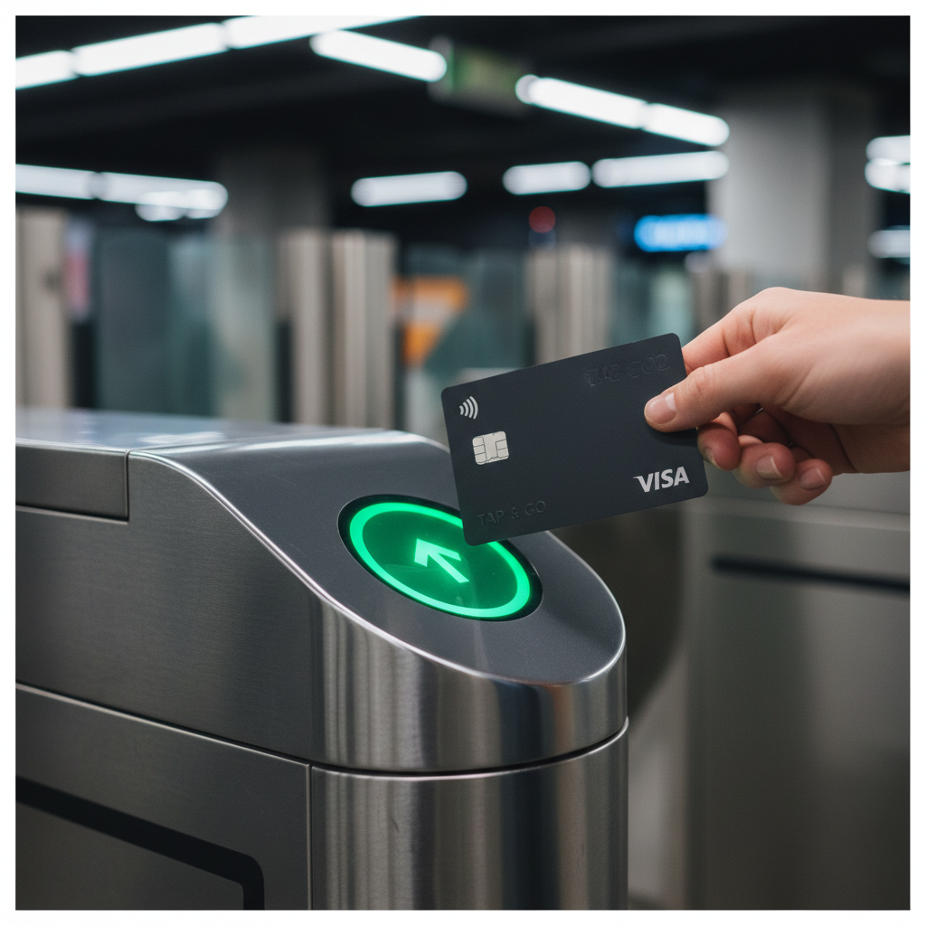 Close up photo of a contactless sleek credit card tapping on a modern metro turnstile reader. Green access light active.