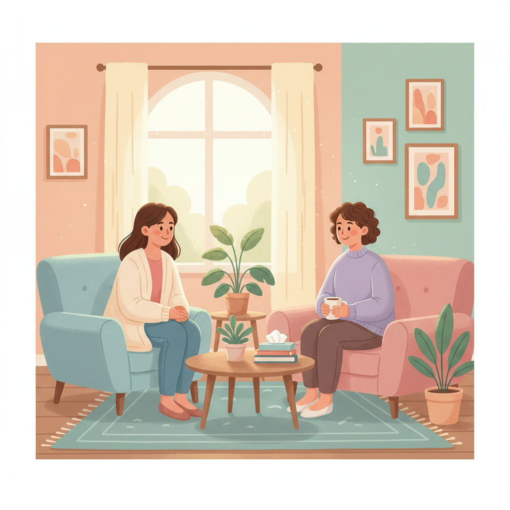 warm illustration of two people talking comfortably, a therapist and a parent, supportive atmosphere, soft pastel colors
