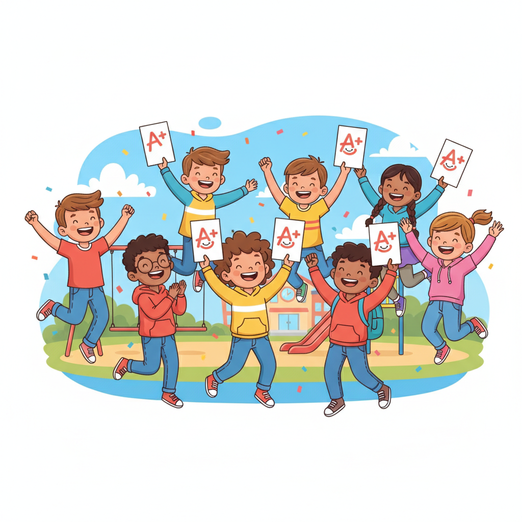 happy diverse group of elementary students cheering and holding A+ papers, cartoon style