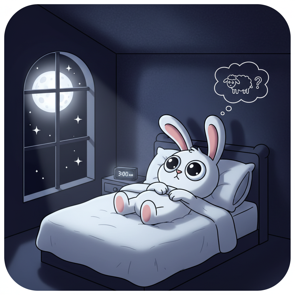 Cartoon bunny lying in bed at night with wide open eyes, staring at ceiling, dark room with moon outside window but bunny is not sleeping