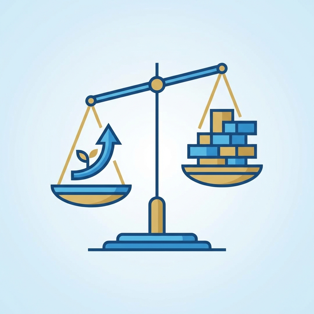 Abstract minimalist illustration of a scale balancing business growth with structural foundation blocks, corporate style blue and gold