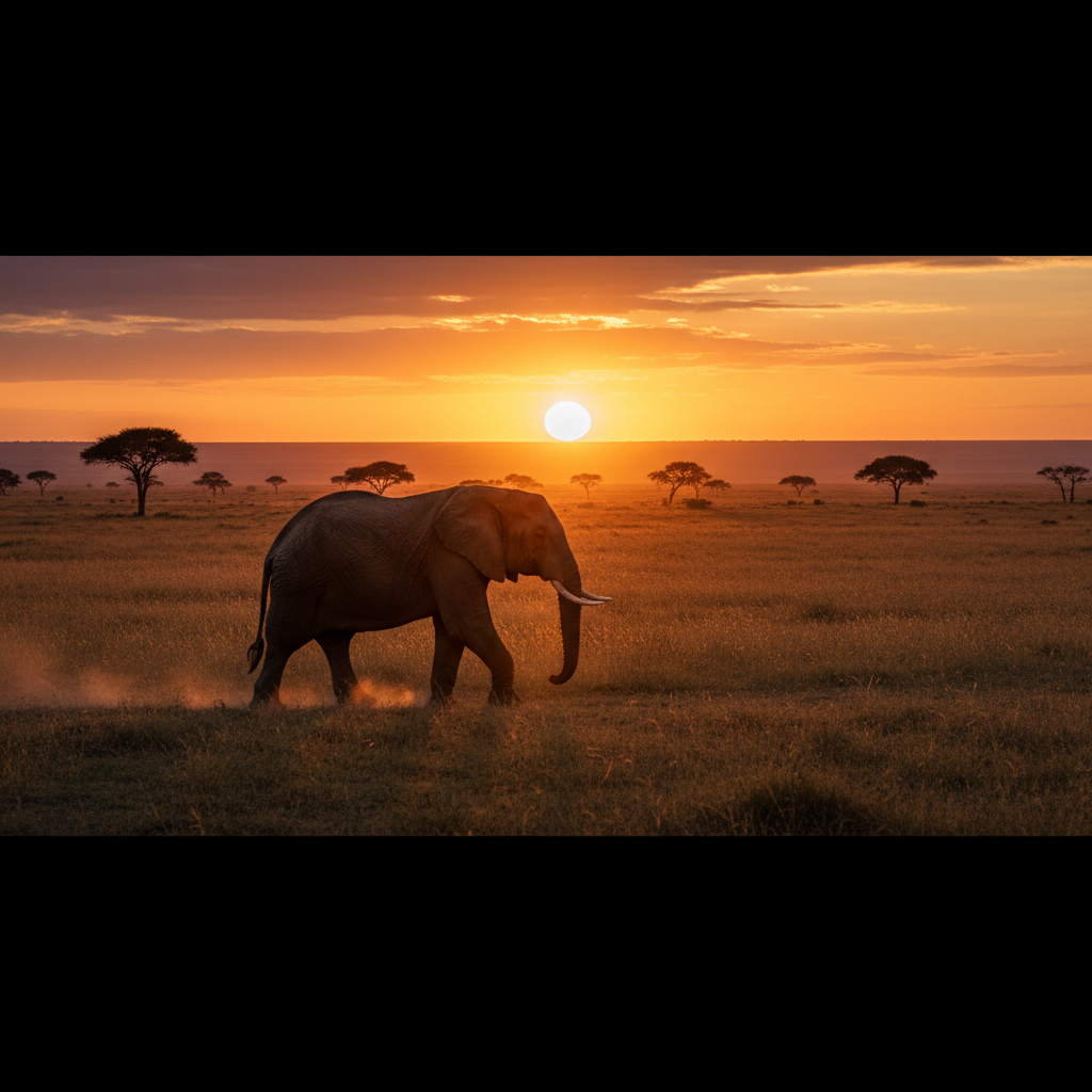majestic african elephant walking in savanna at sunset, cinematic lighting, high resolution, nature photography