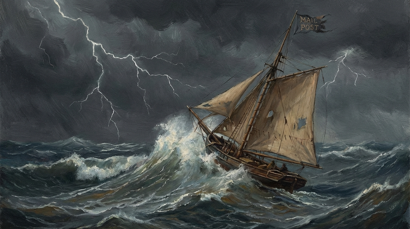 Rough sea storm, small fast sailboat carrying mail, dark moody cinematic 19th century style, painting