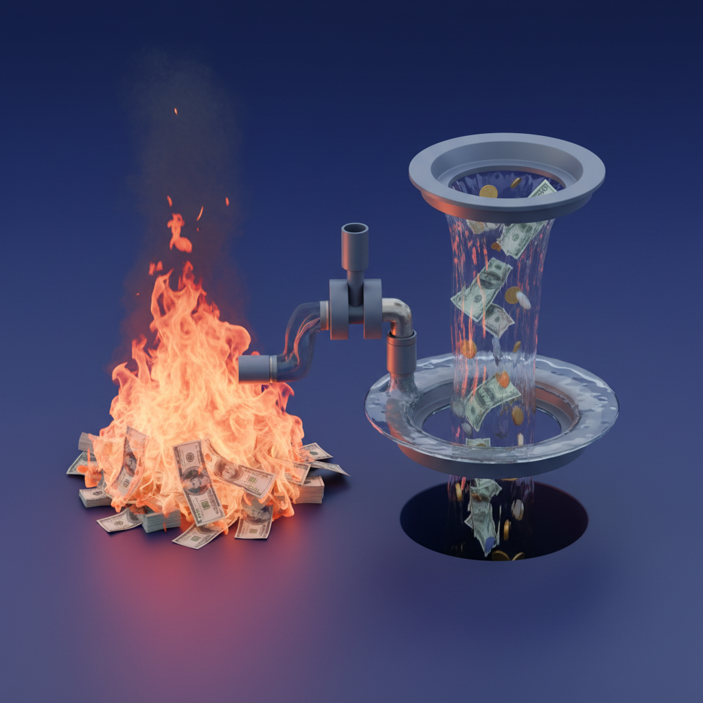 Burning money or money flowing down the drain concept, 3d render