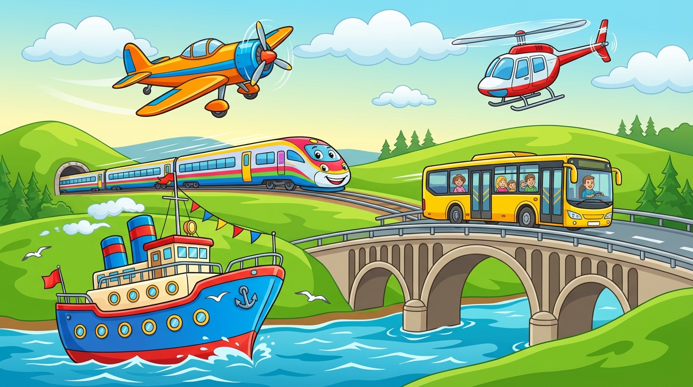 Epic cartoon transport scene with plane, helicopter, train, bus, and ship