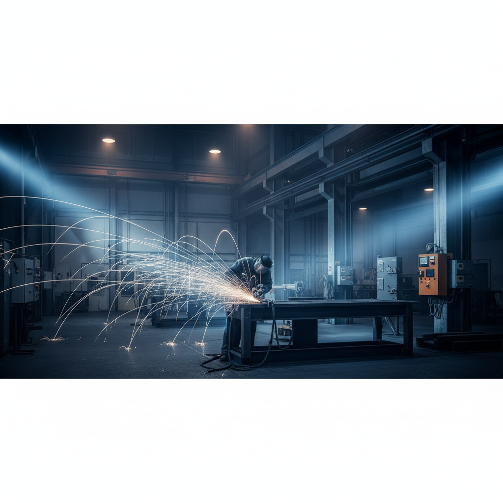 Modern industrial metal workshop background with blue sparks, cinematic lighting, corporate style