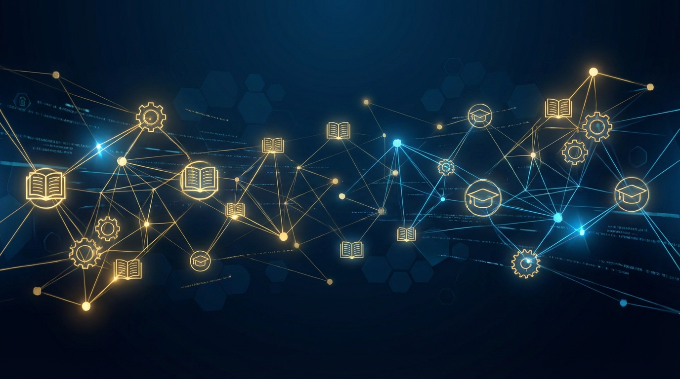 abstract futuristic digital network of education, dark blue and gold aesthetic, high quality 8k render, minimalistic style