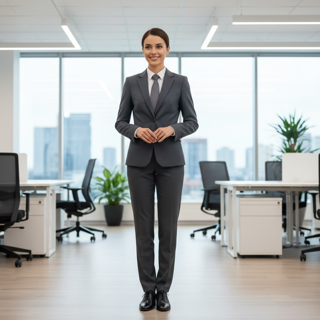 Photorealistic image of a professional office worker standing confidently in a modern, well-lit office, wearing a sharp business suit, smiling, 8k resolution, corporate photography style