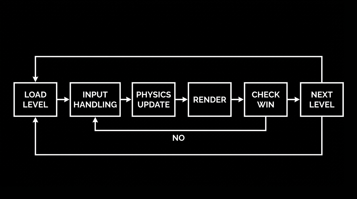 simple flowchart for a game engine loop: Load Level -> Input Handling -> Physics Update -> Render -> Check Win -> Next Level, white lines on black