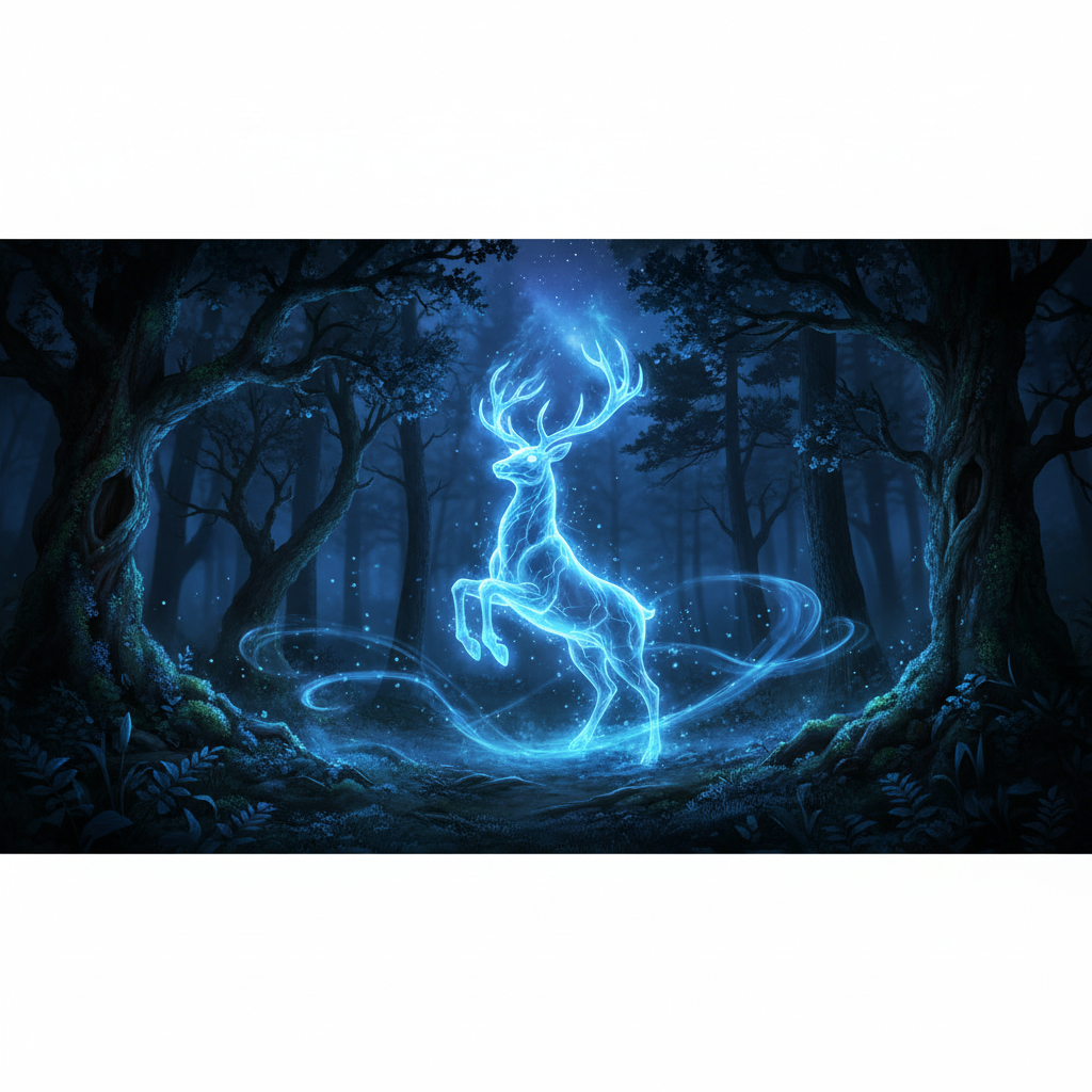 Glowing blue stag Patronus in a dark forest