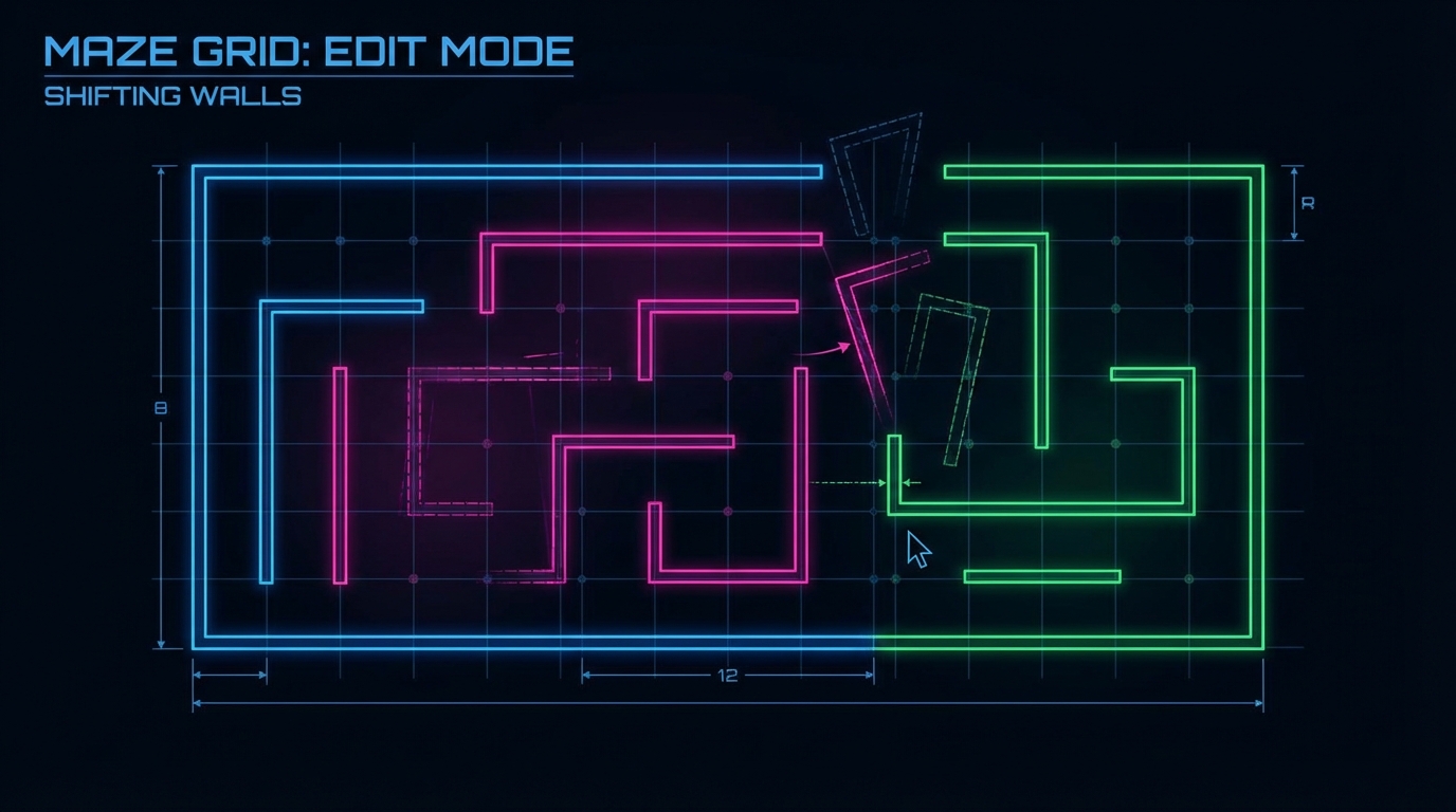 minimalist game design showing a maze grid being edited, walls shifting, blueprint aesthetic, contrasting neon colors on black